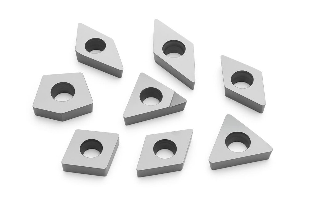 Illustration showing multiple types of PCD turning inserts for professional metal cutting operations